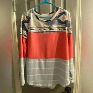 Women’s long sleeve soft & colorful top with Aztec design & striped part size Lg